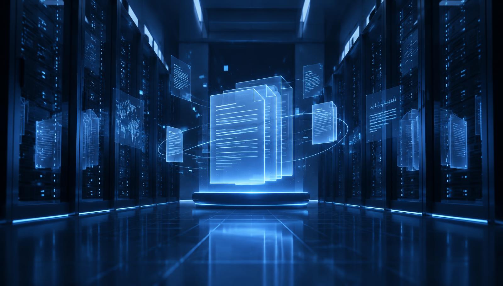 Glowing holographic document archive inside a secure data centre corridor